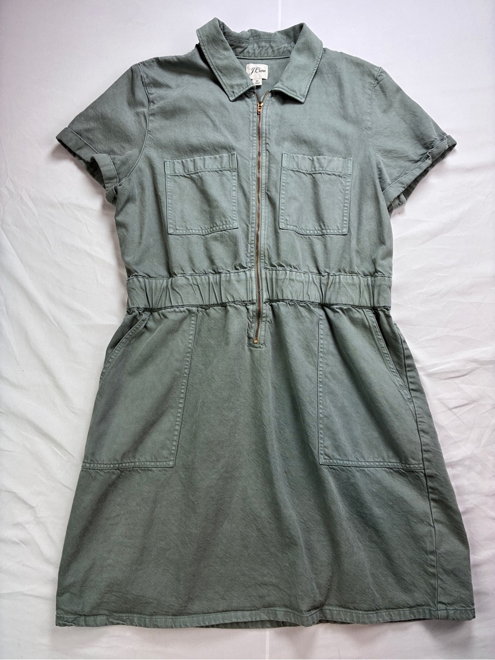 J Crew Sz 12 Utility Zip-Front Short Sleeve Dress Light Army/Sage Green
